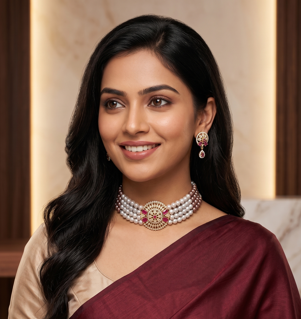 4-Line Grey & Black Pearl Choker Set with Pink Stone Pendant1
