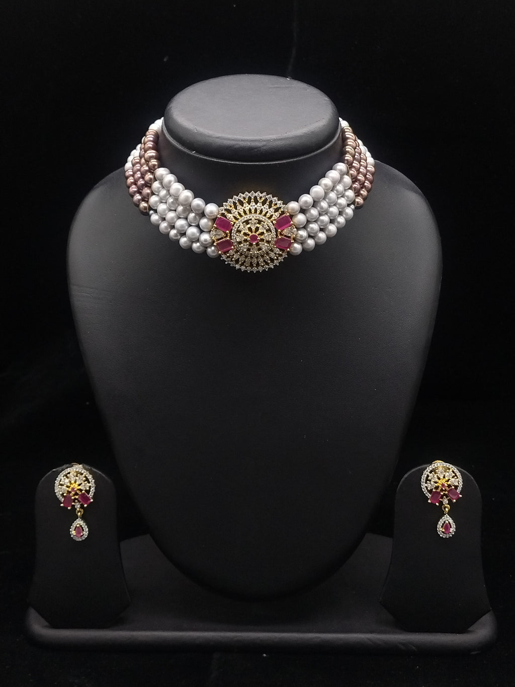 4-Line Grey & Black Pearl Choker Set with Pink Stone Pendant2