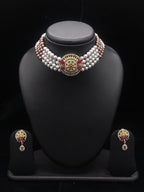 4-Line Grey & Black Pearl Choker Set with Pink Stone Pendant2