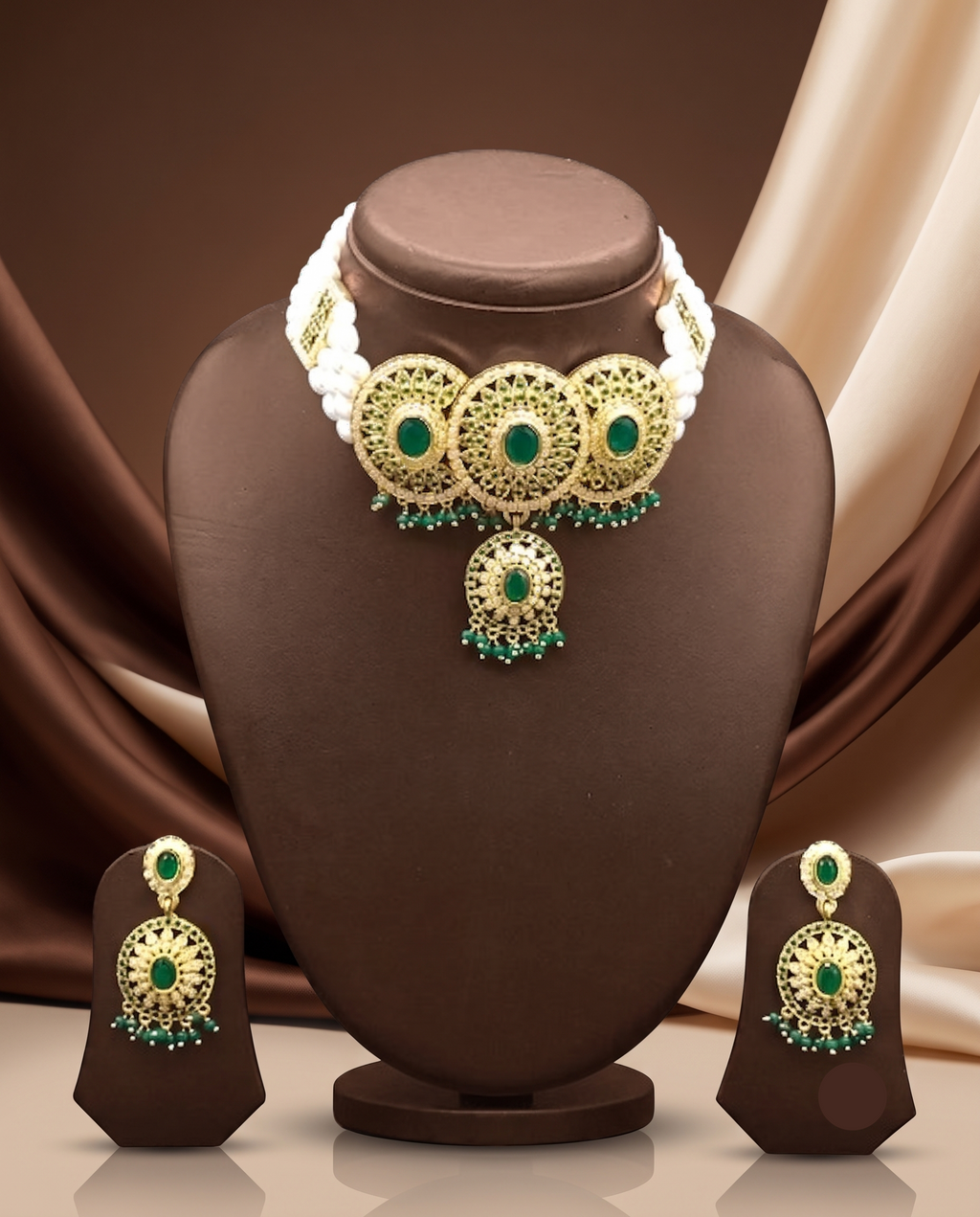 4-Line White Pearl Choker Set with Green Stone Medallion2