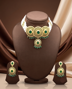 4-Line White Pearl Choker Set with Green Stone Medallion2
