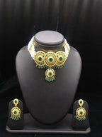 4-Line White Pearl Choker Set with Green Stone Medallion2