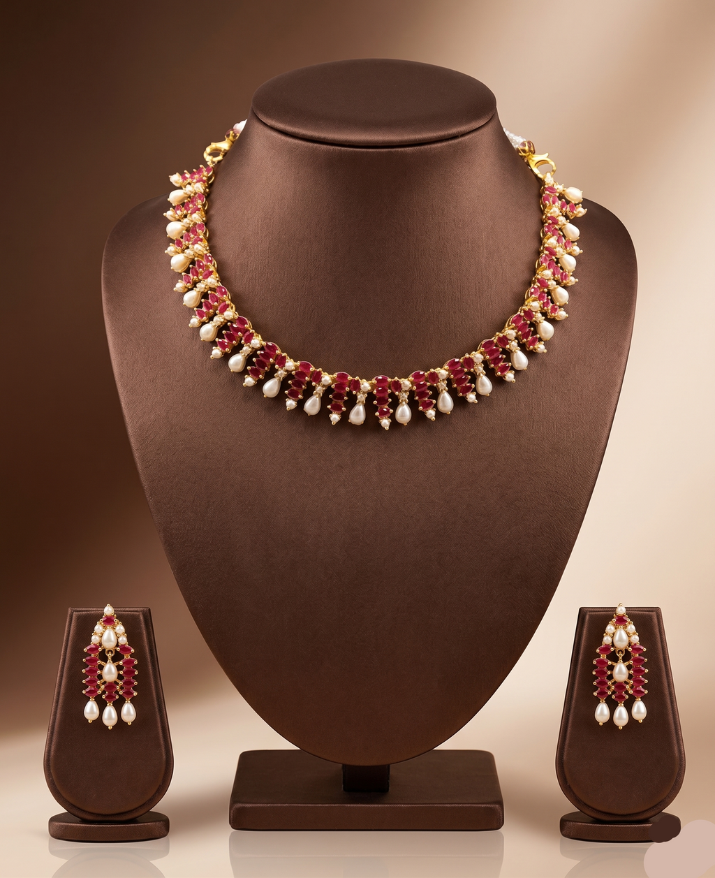 AD stone and freshwater pearl choker set with red American Diamond stones, pearl drops, and matching earrings