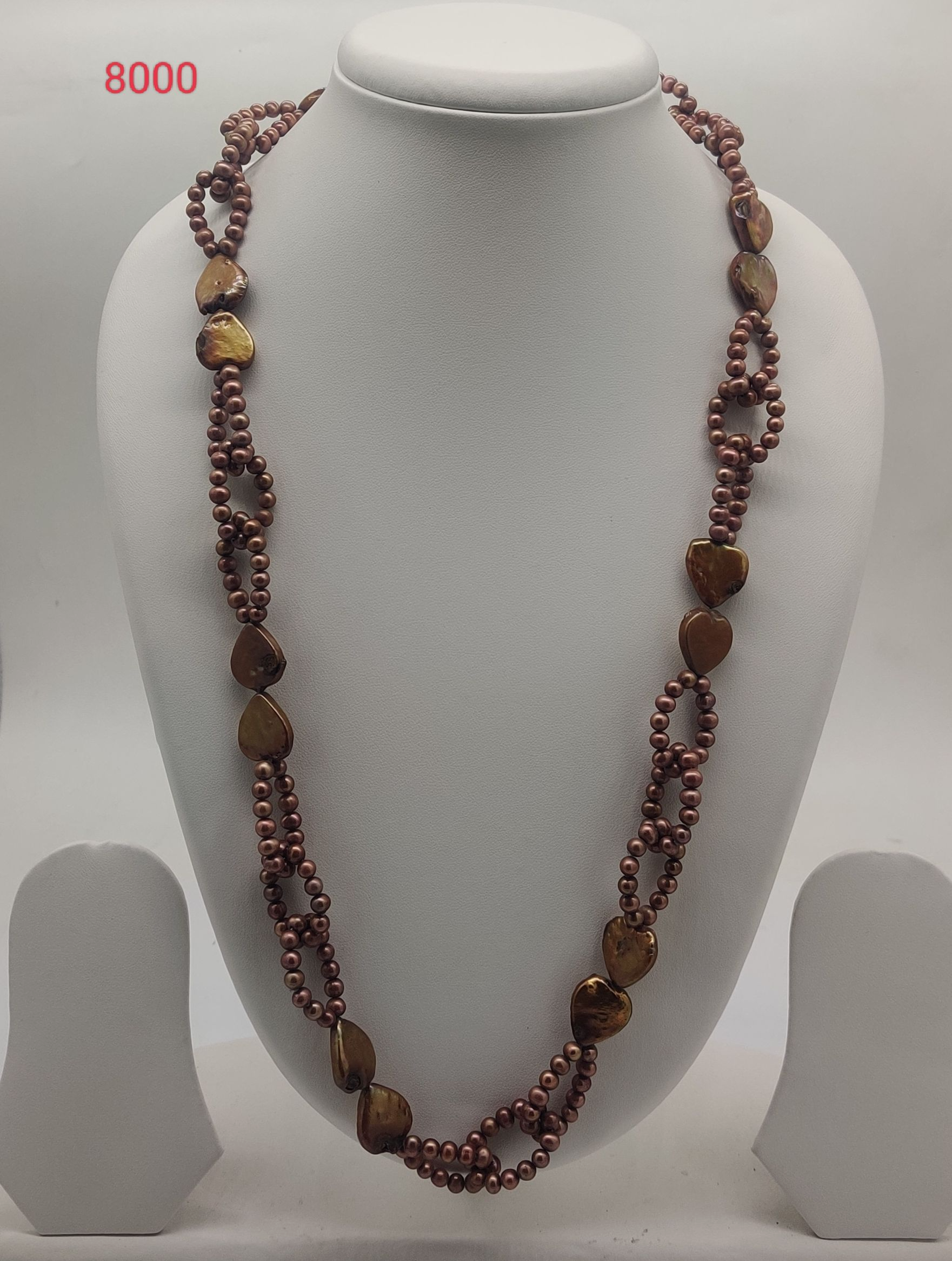 Amber Heart Layers Necklace with reddish brown seed Pearls and iridescent heart accents in layered design