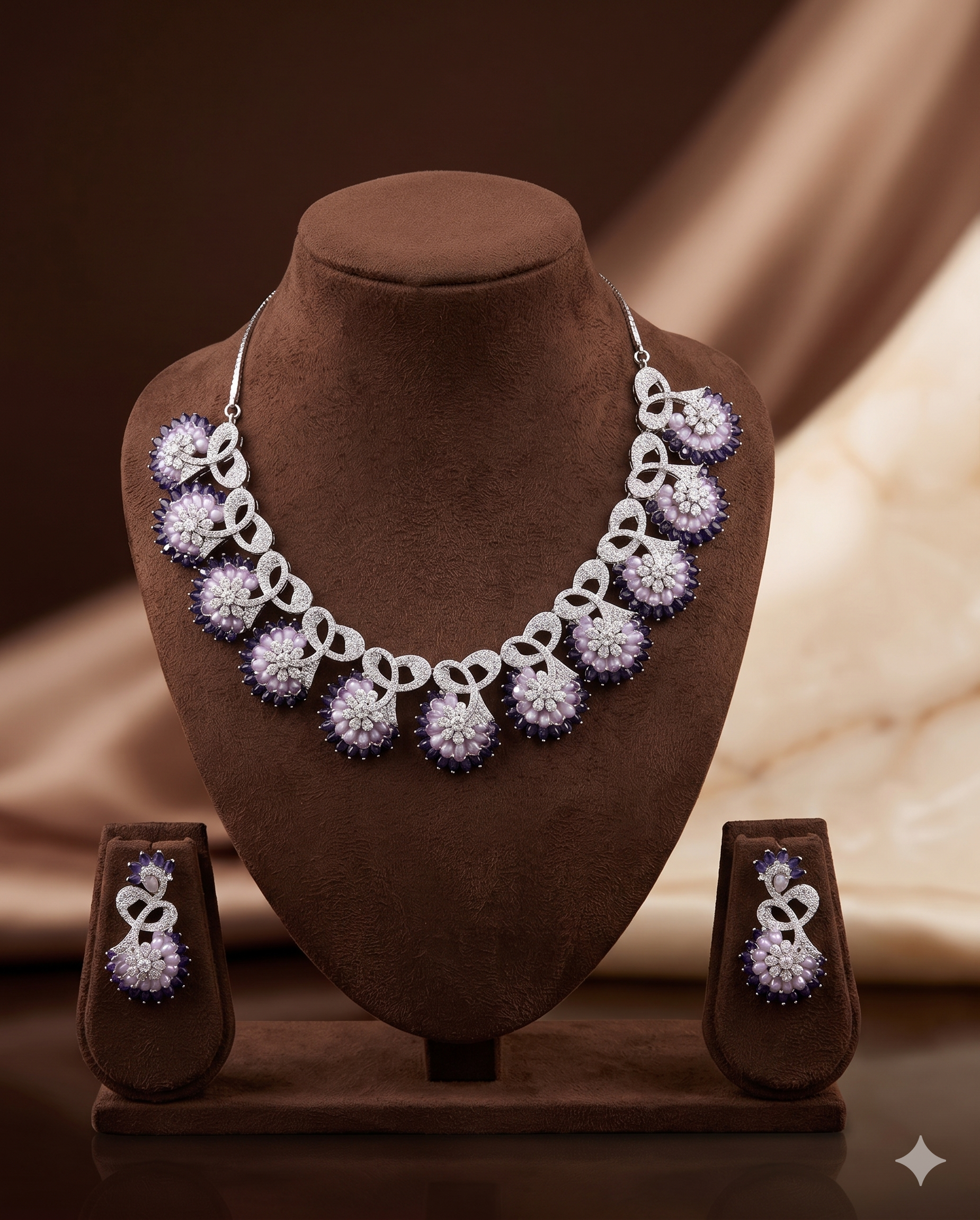 American Diamond Floral Necklace Set with Purple Stones