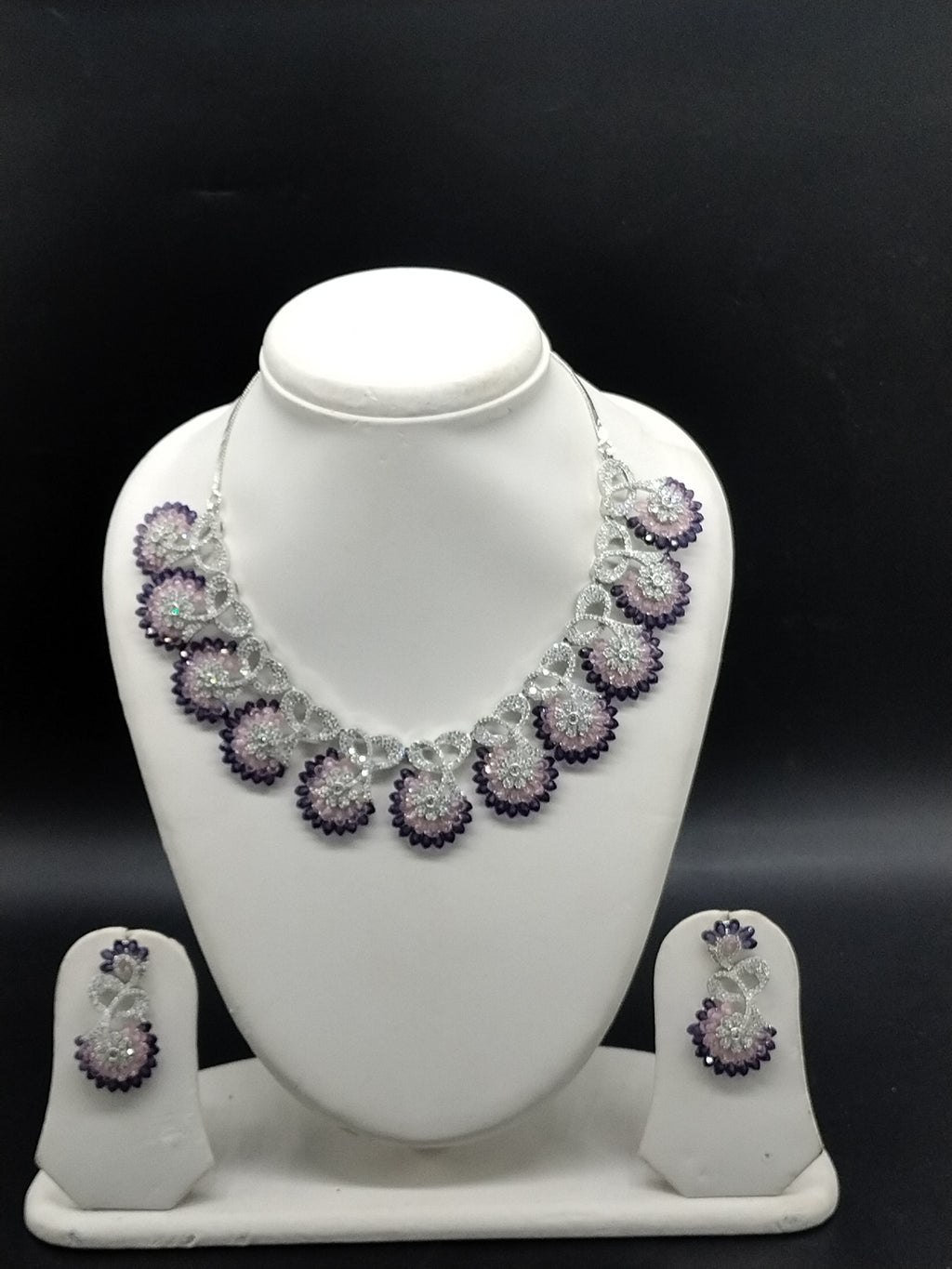 American Diamond Floral Necklace Set with Purple Stones