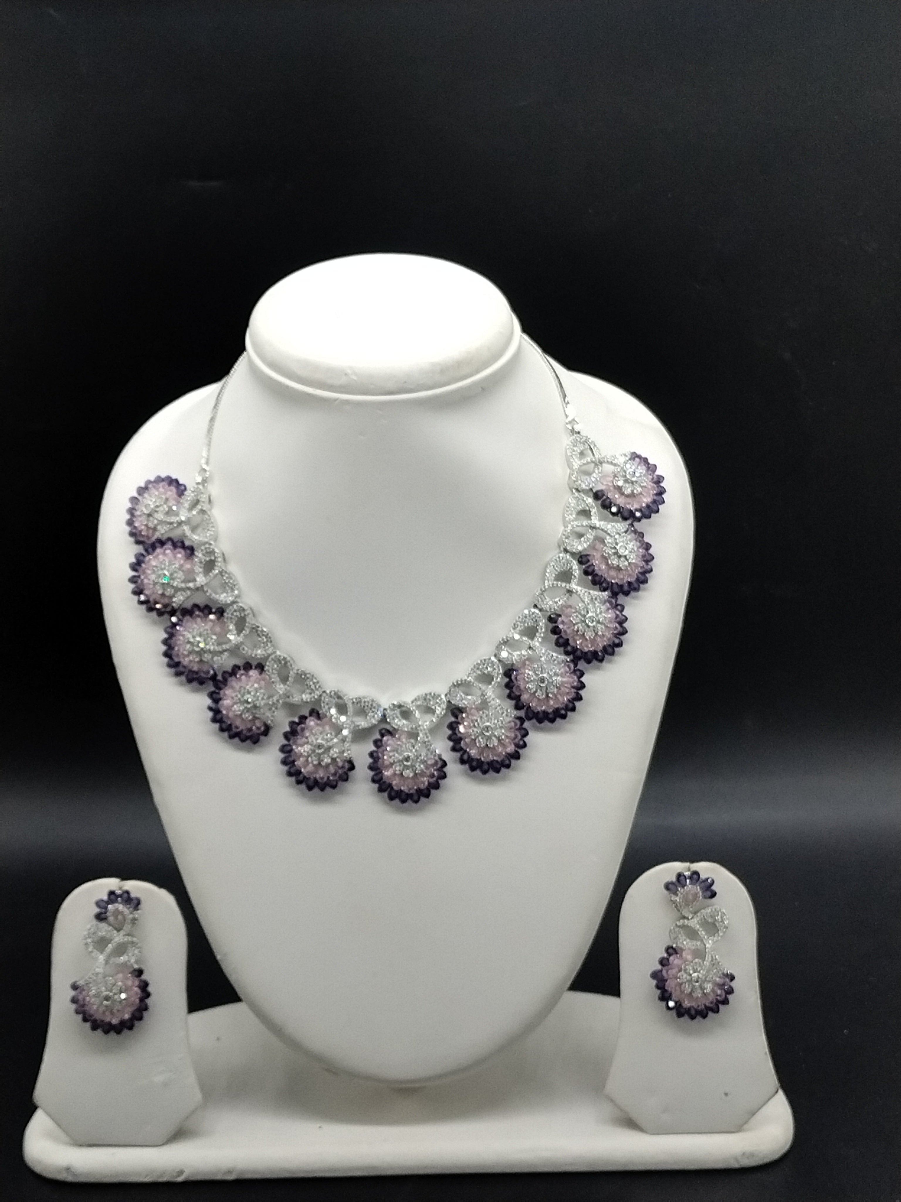 American Diamond Floral Necklace Set with Purple Stones