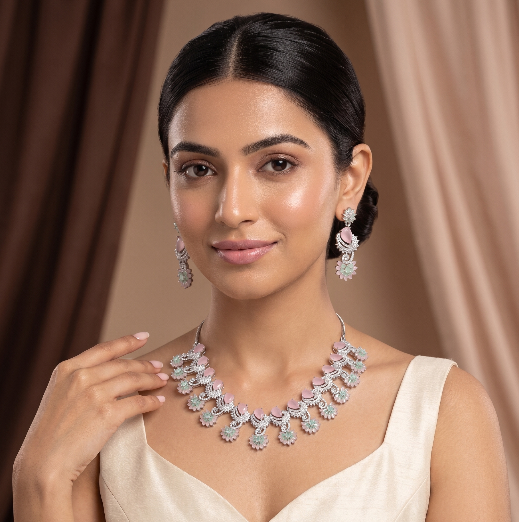 American Diamond Pastel Bib Necklace Set  – Pink & Green Designer Jewellery