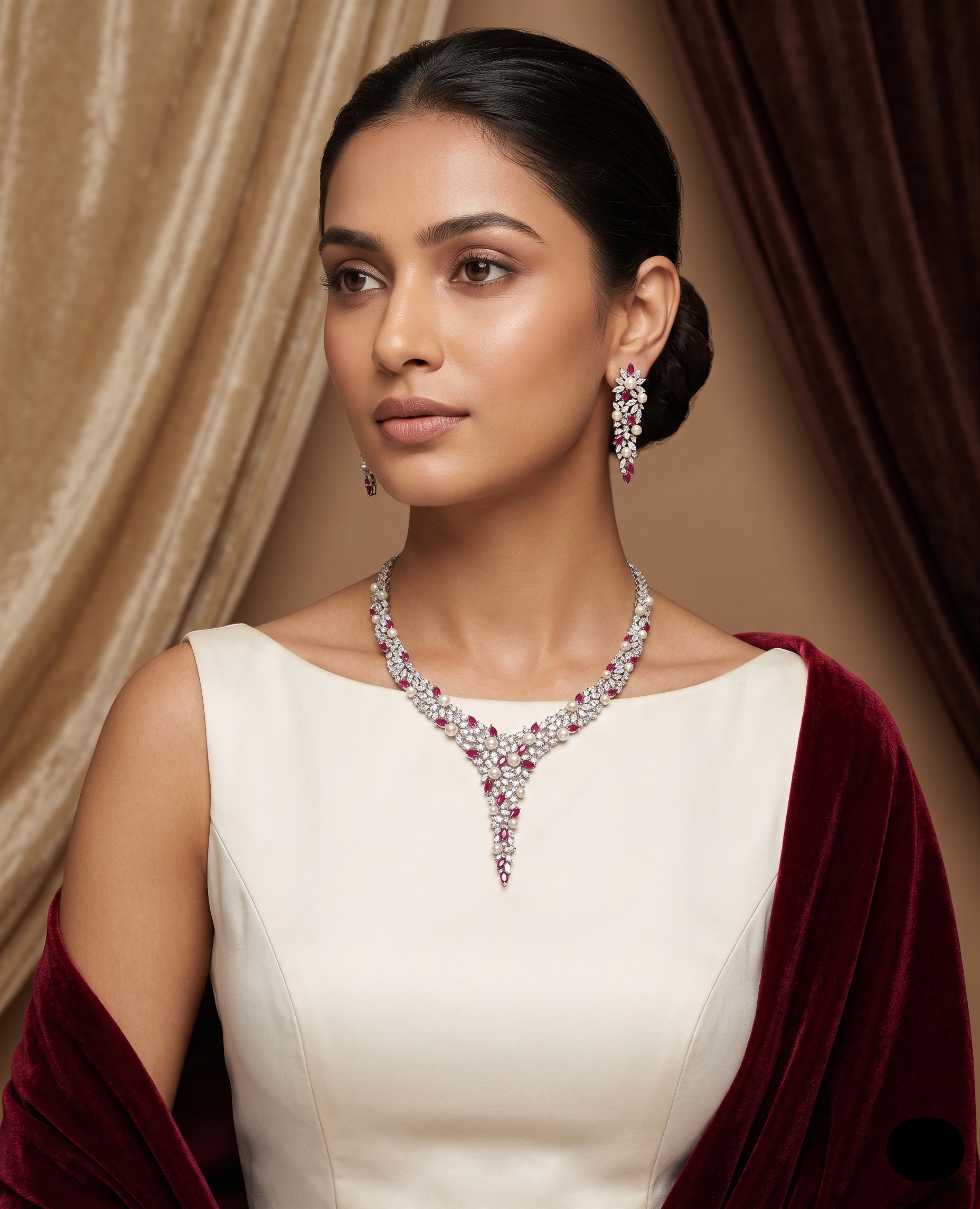 American Diamond V-Shape Necklace Set – Red Stone Designer Jewellery