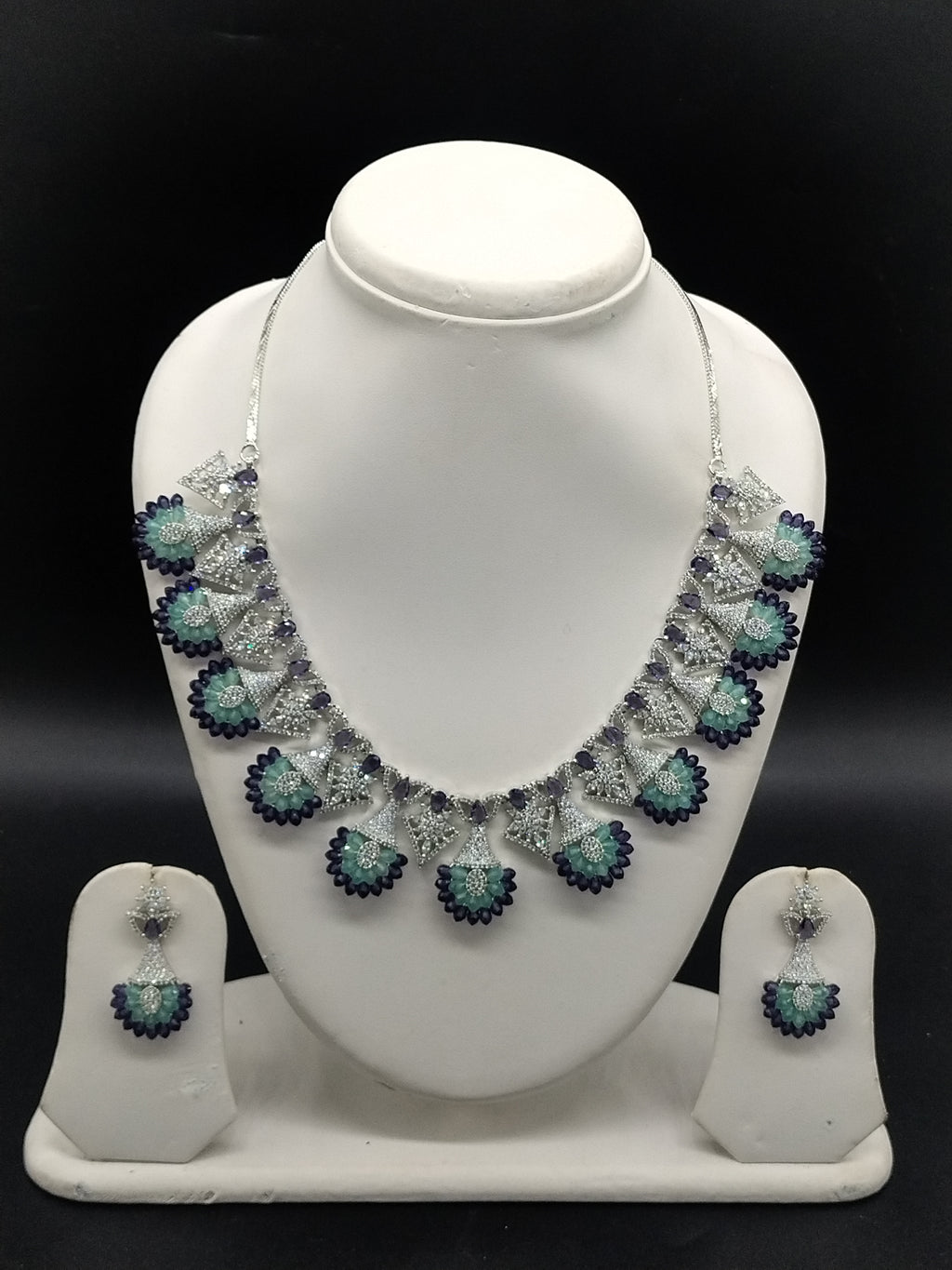American diamond fan design necklace set with teal and navy blue stones for women