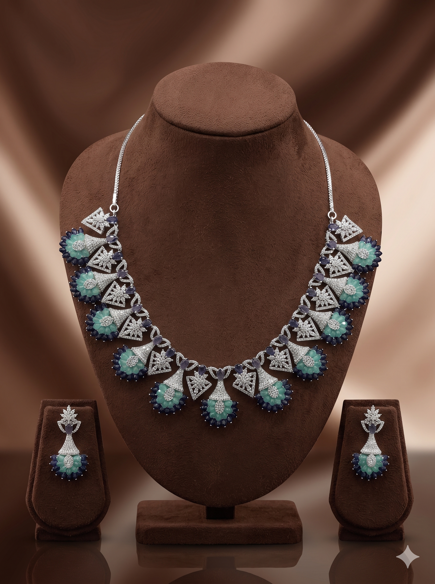 American diamond fan design necklace set with teal and navy blue stones for women