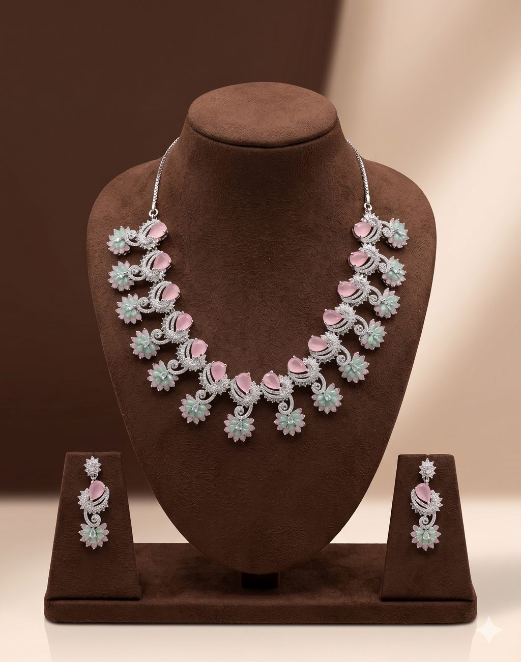 American diamond pastel necklace set with pink and mint green stones for women