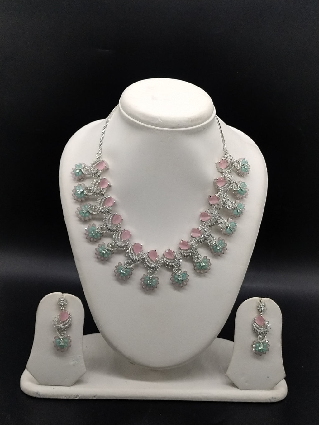 American diamond pastel necklace set with pink and mint green stones for women