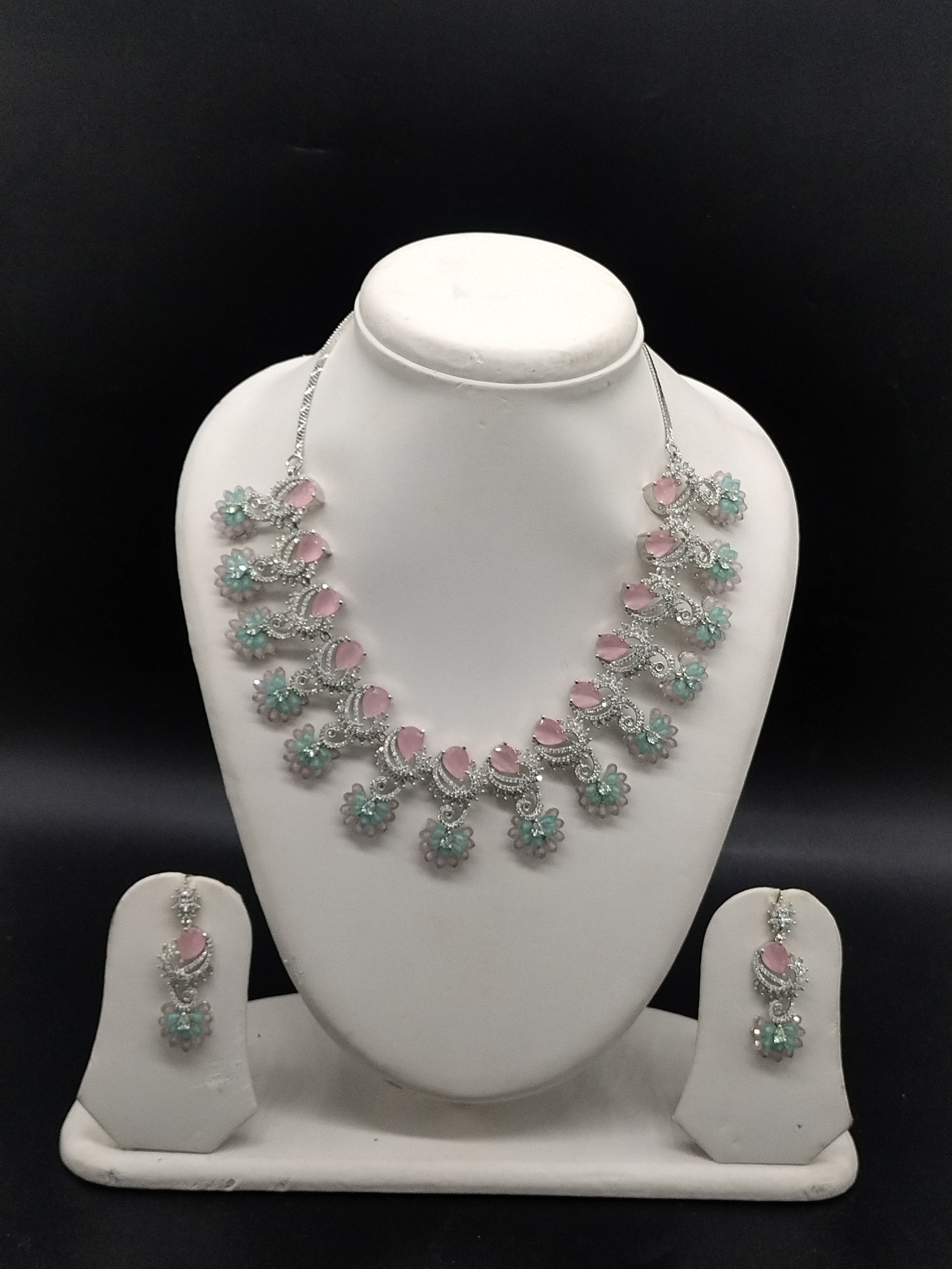 American diamond pastel necklace set with pink and mint green stones for women