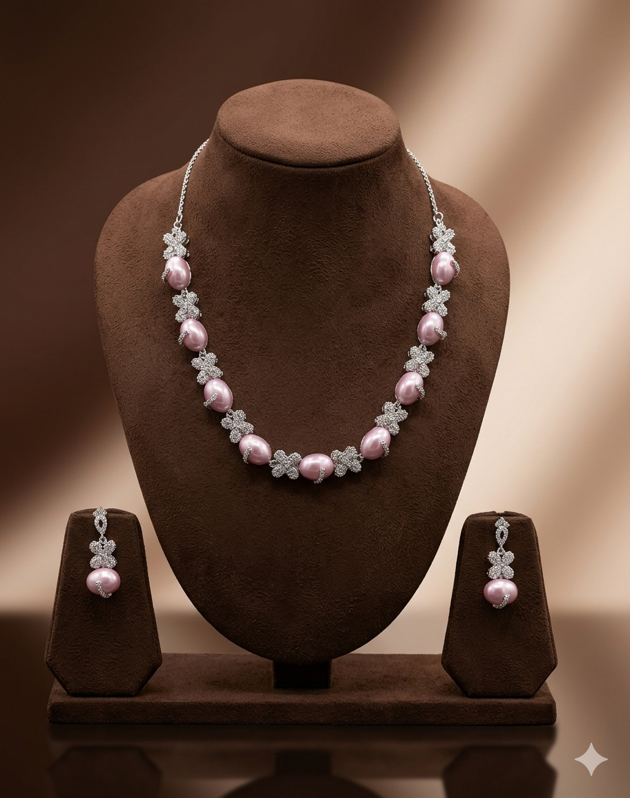 American diamond pink pearl necklace set with floral design and matching earrings for women