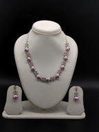 American diamond pink pearl necklace set with floral design and matching earrings for women