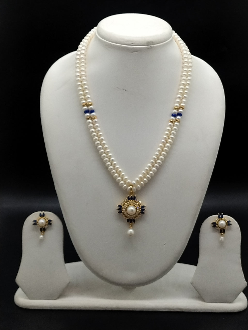 Azure Elegance freshwater pearl pendant necklace set with two line white pearls and blue stone pendant