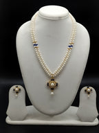 Azure Elegance freshwater pearl pendant necklace set with two line white pearls and blue stone pendant