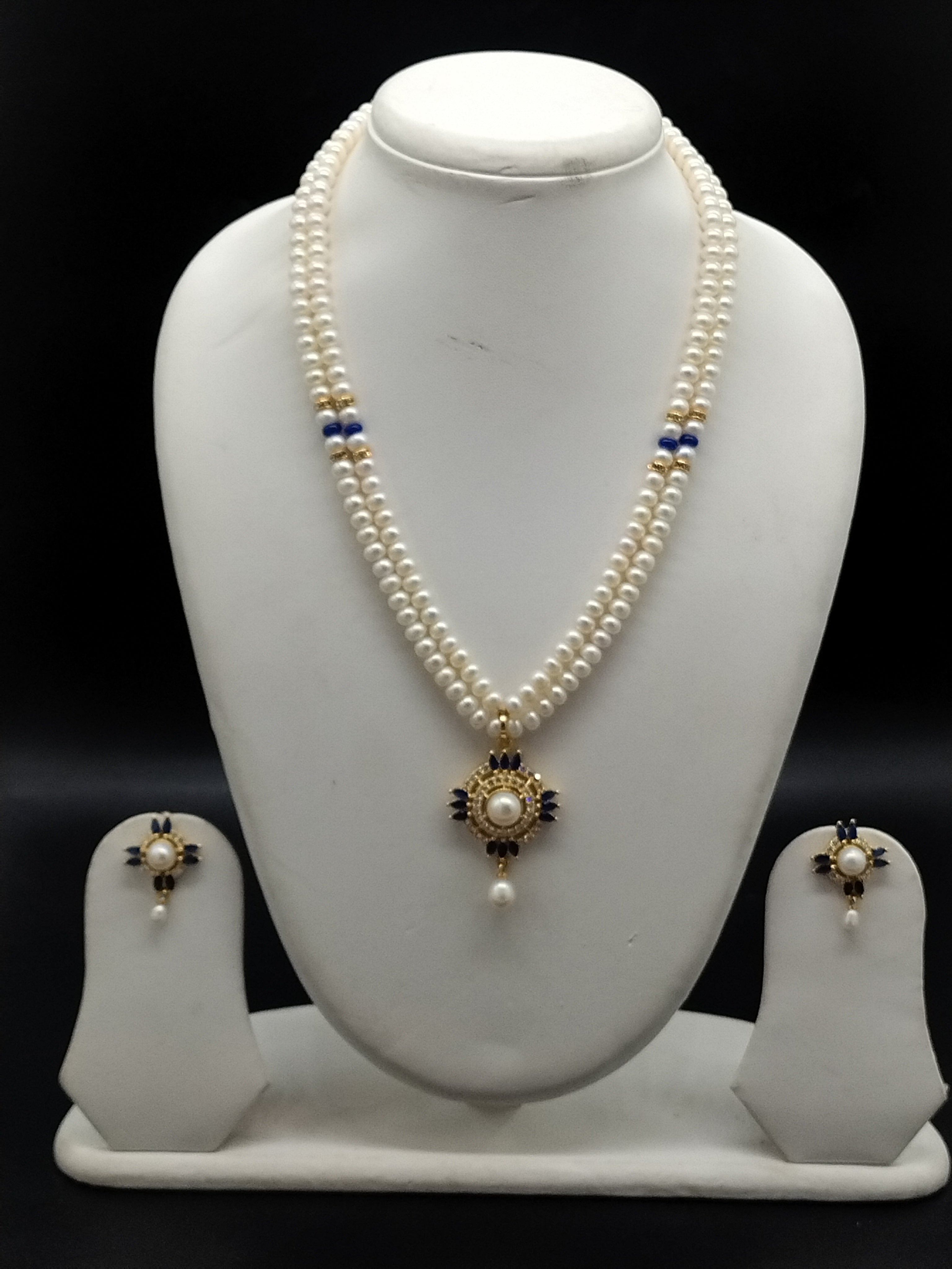 Azure Elegance freshwater pearl pendant necklace set with two line white pearls and blue stone pendant