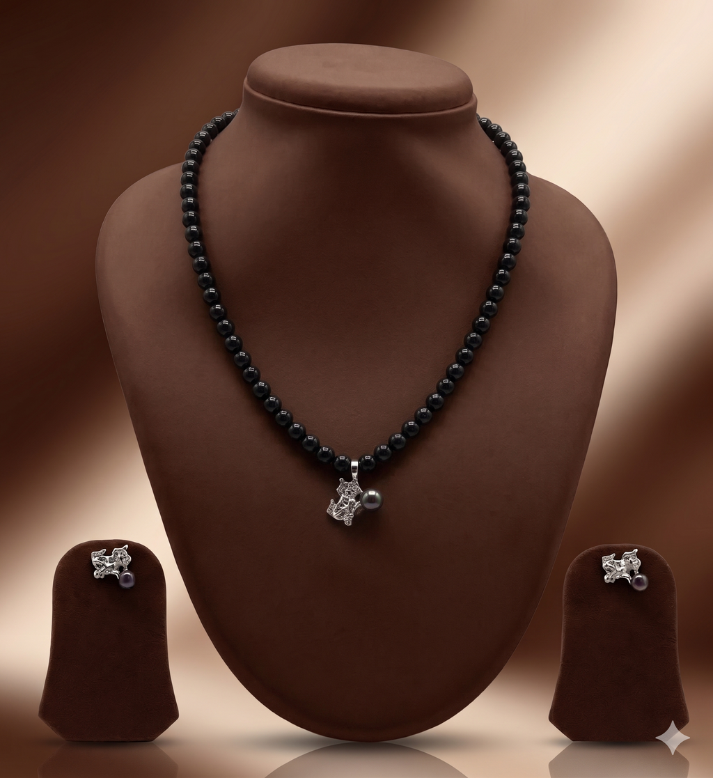 Black Pearl Drop One Line Freshwater Pearl Necklace & Earrings Set