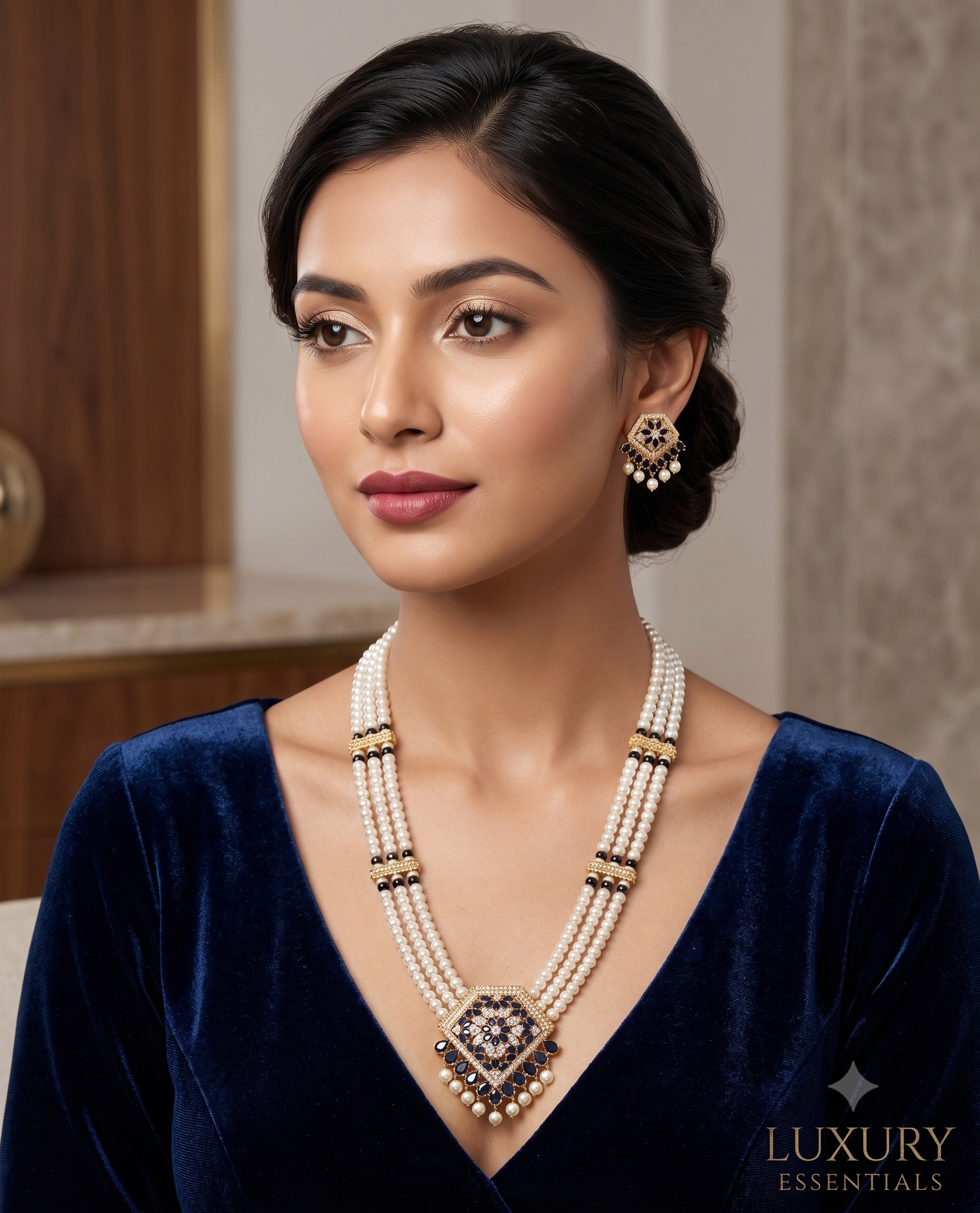 Blue Stone Freshwater Pearl Rani Haar Necklace Set