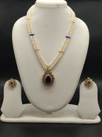 Blue stone freshwater pearl pendant necklace set with two line white pearls and gold teardrop pendant