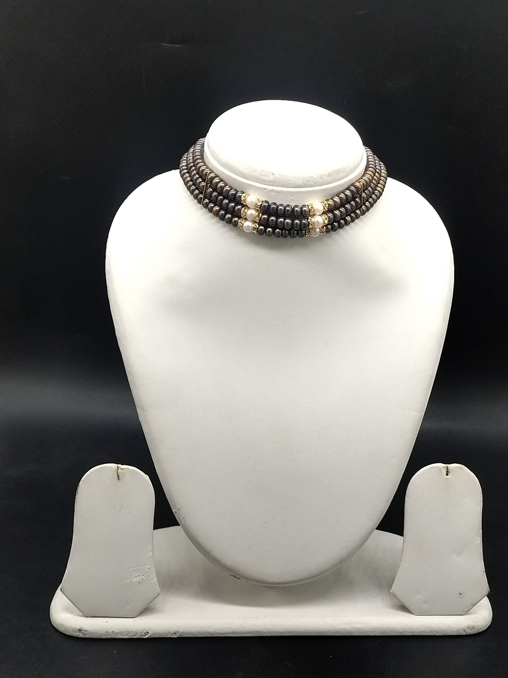 Brown and white freshwater pearl 3 line choker necklace for women