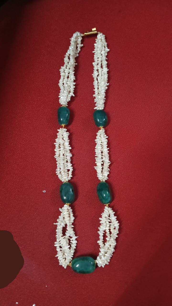Buy freshwater pearl mala necklace with green gemstone beads and multi strand white pearls
