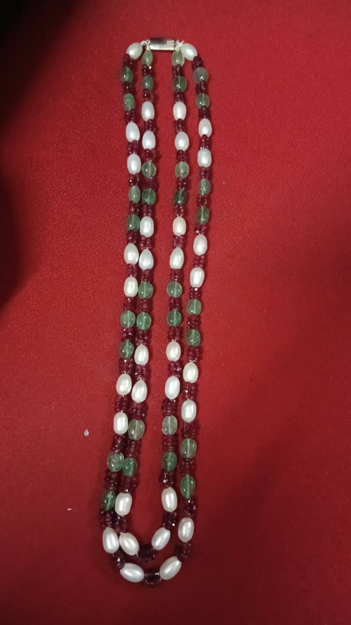 Buy ruby emerald freshwater pearl double layer mala necklace with traditional gemstone beads