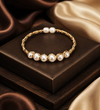 Handcrafted Gold Tone Wire-Wrapped White Pearl Open-Cuff Bracelet