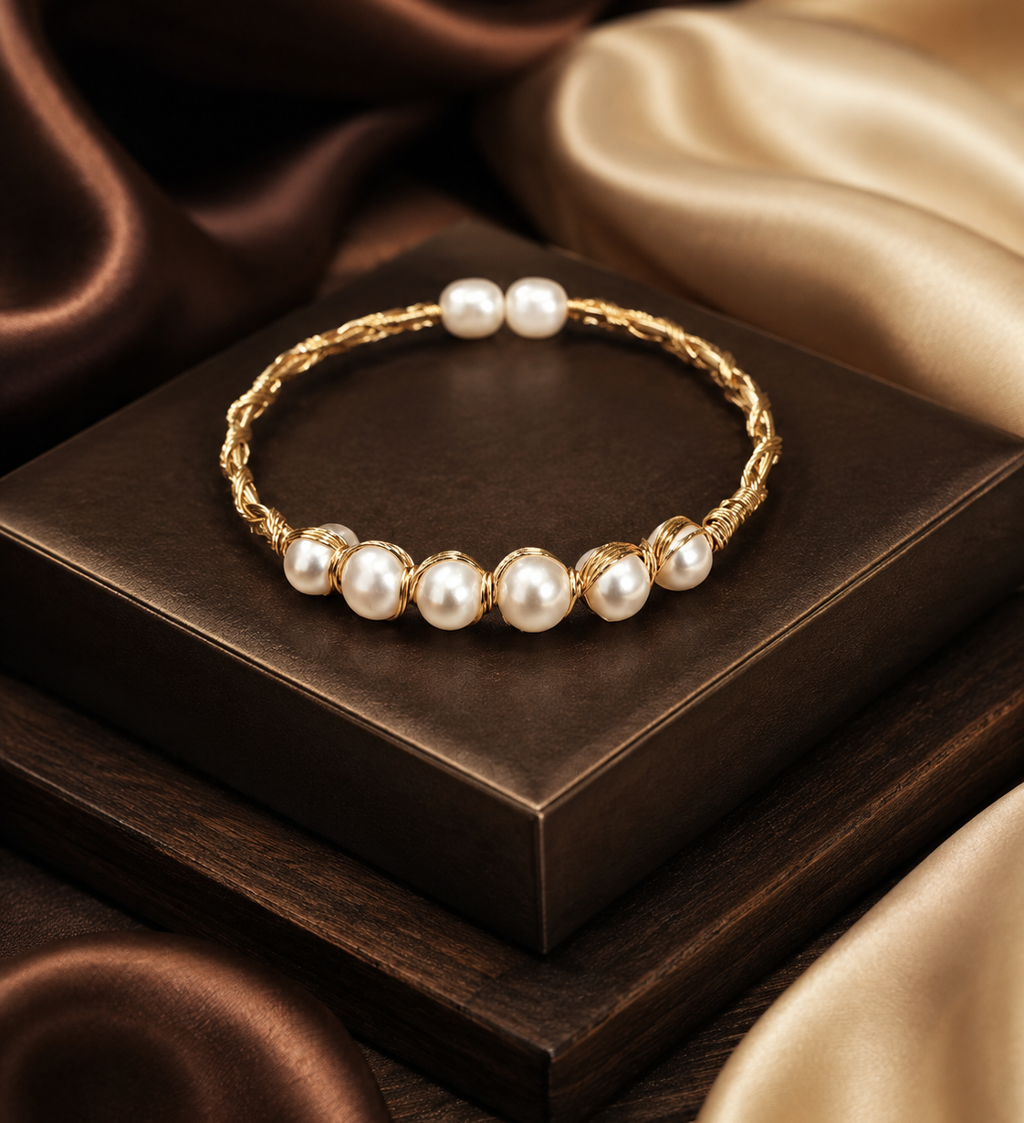 Handcrafted Gold Tone Wire-Wrapped White Pearl Open-Cuff Bracelet