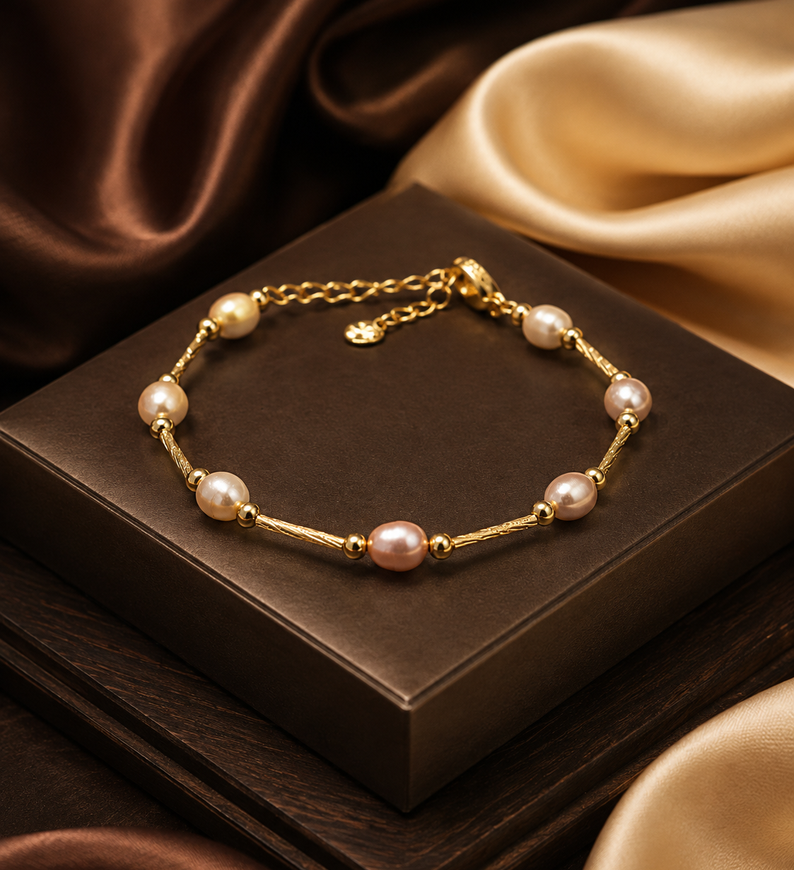 Delicate Pink Pearl & Textured Gold Station Bracelet