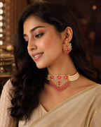 Handcrafted Freshwater Pearl Choker Necklace & Earrings Set with Pink Floral Stones