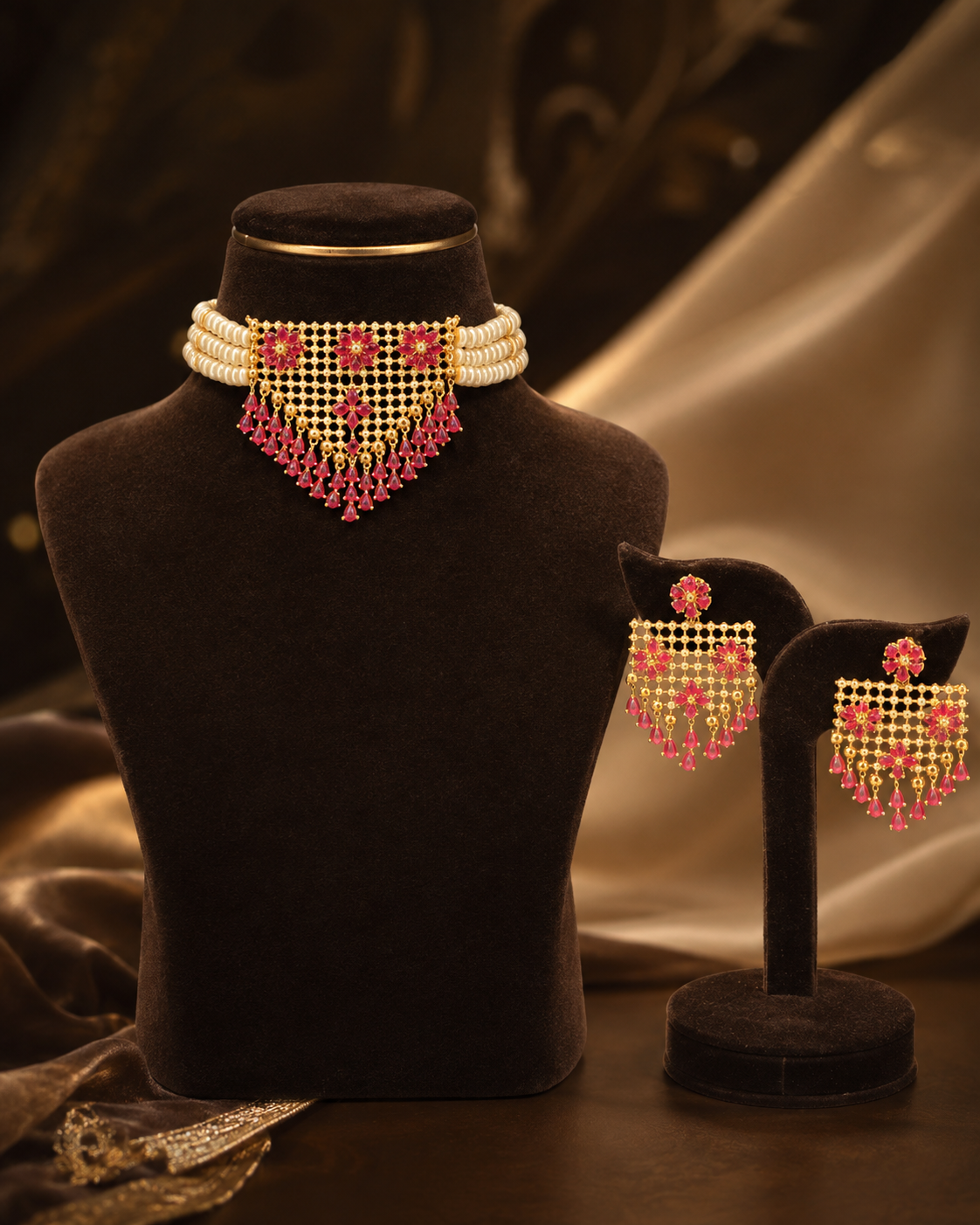 Handcrafted Freshwater Pearl Choker Necklace & Earrings Set with Pink Floral Stones
