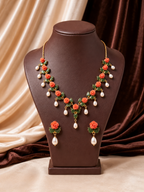 Orange Coral & Jade Leaf Necklace Set with Pearl Drops