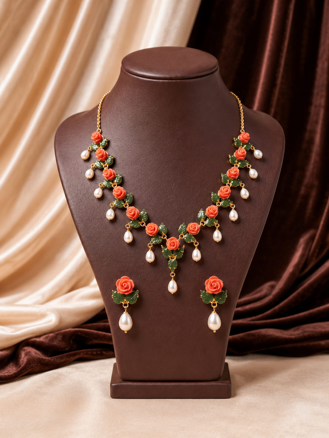Orange Coral & Jade Leaf Necklace Set with Pearl Drops