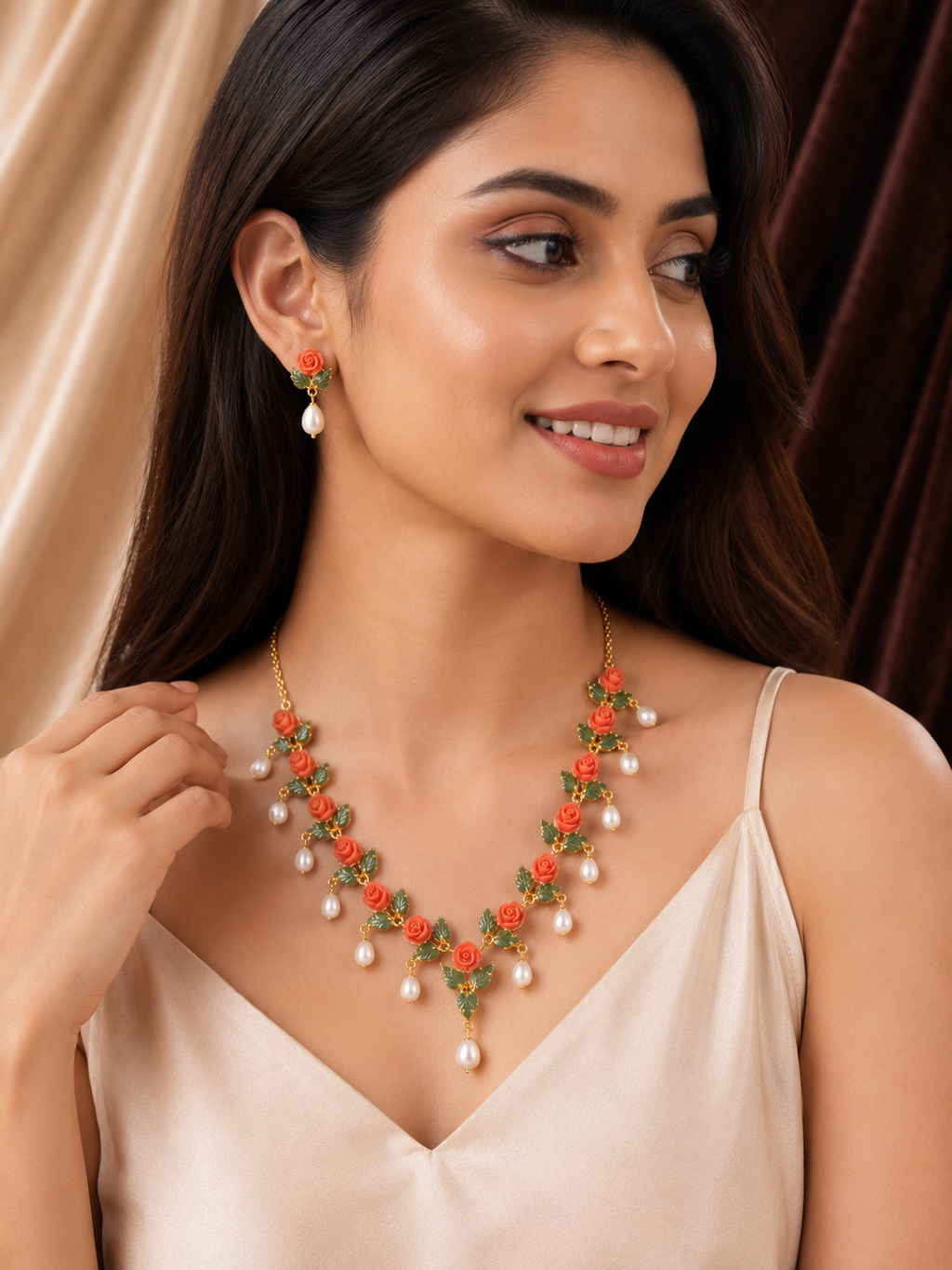 Orange Coral & Jade Leaf Necklace Set with Pearl Drops