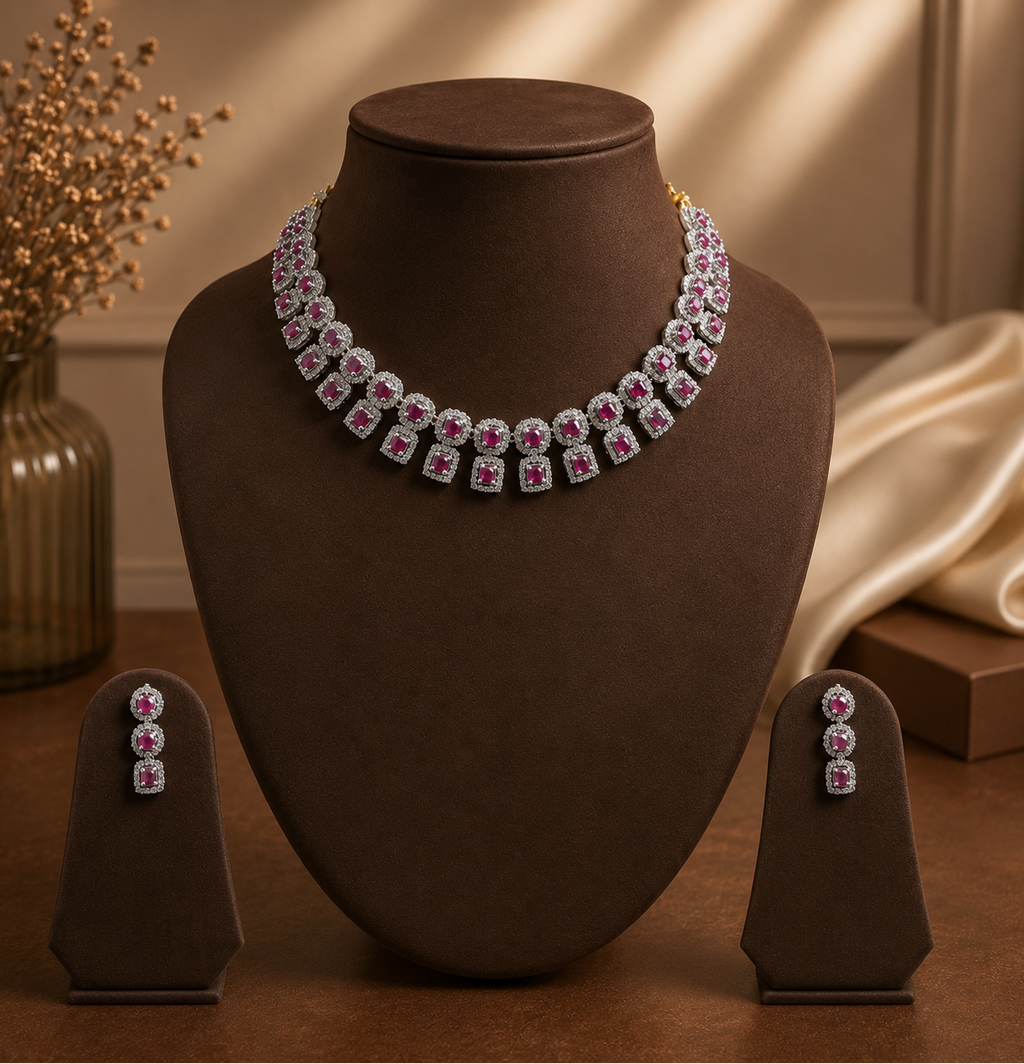 White Red CZ Necklace Set