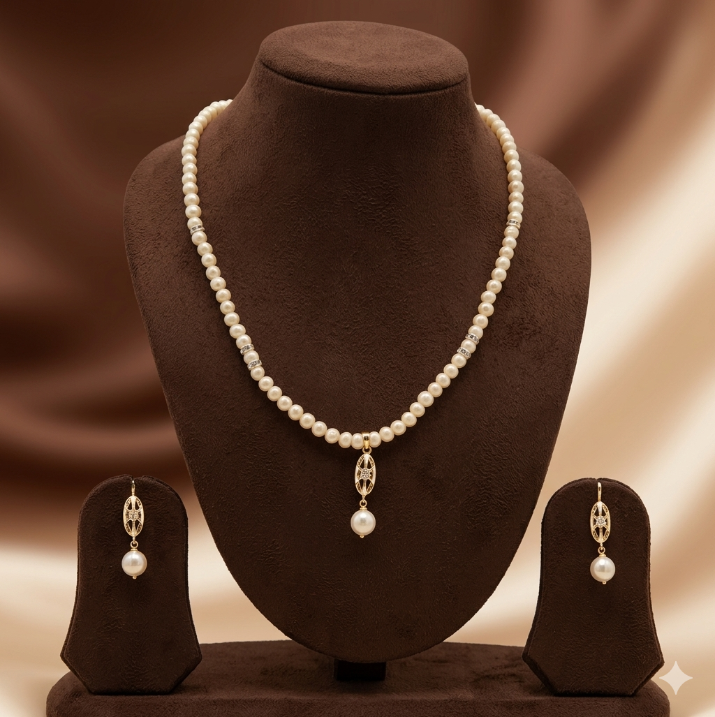 Classic Pearl Drop One Line Freshwater Pearl Necklace & Earrings Set