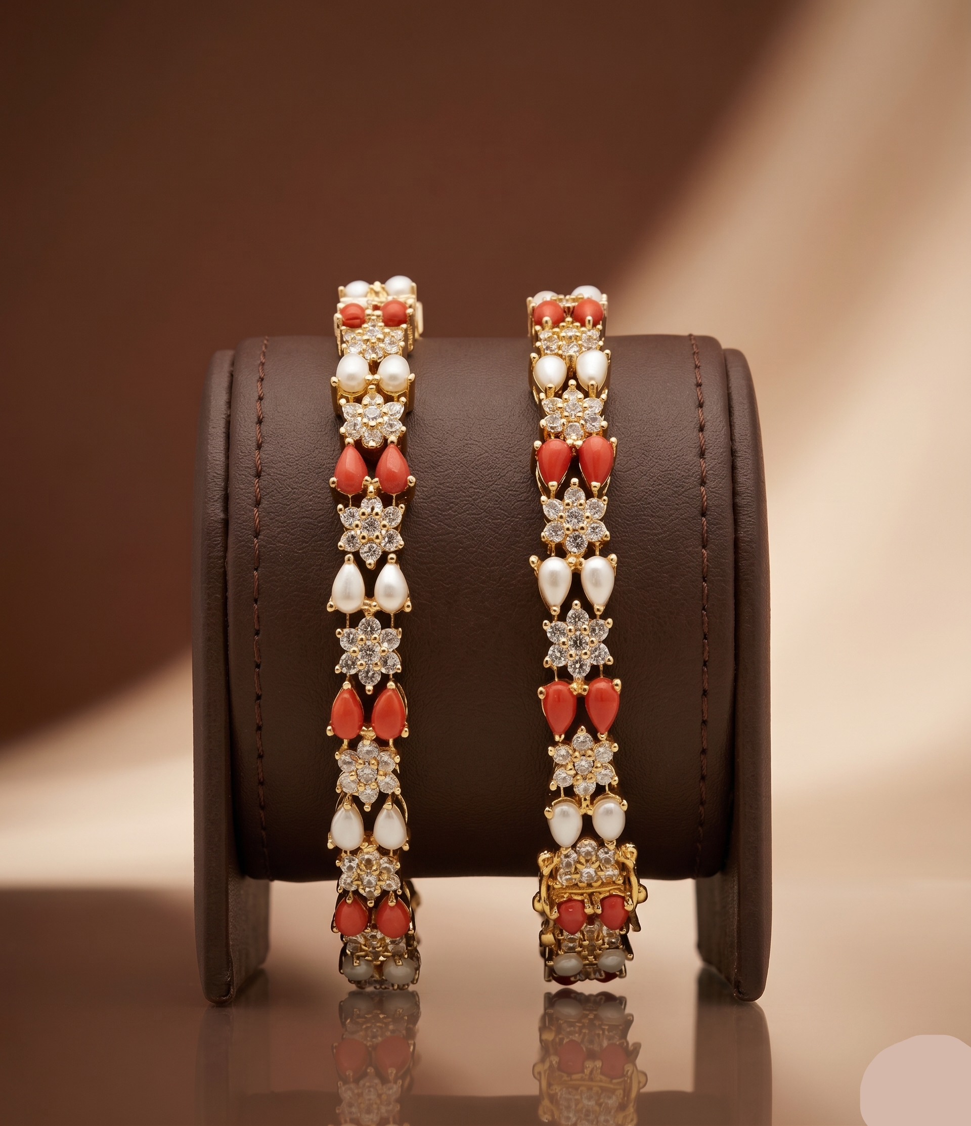  Coral Pearl Gold Bangle – Traditional Statement Style