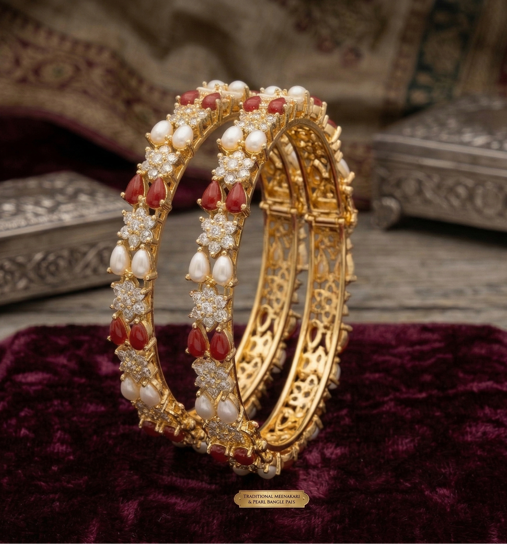  Coral Pearl Gold Bangle – Traditional Statement Style