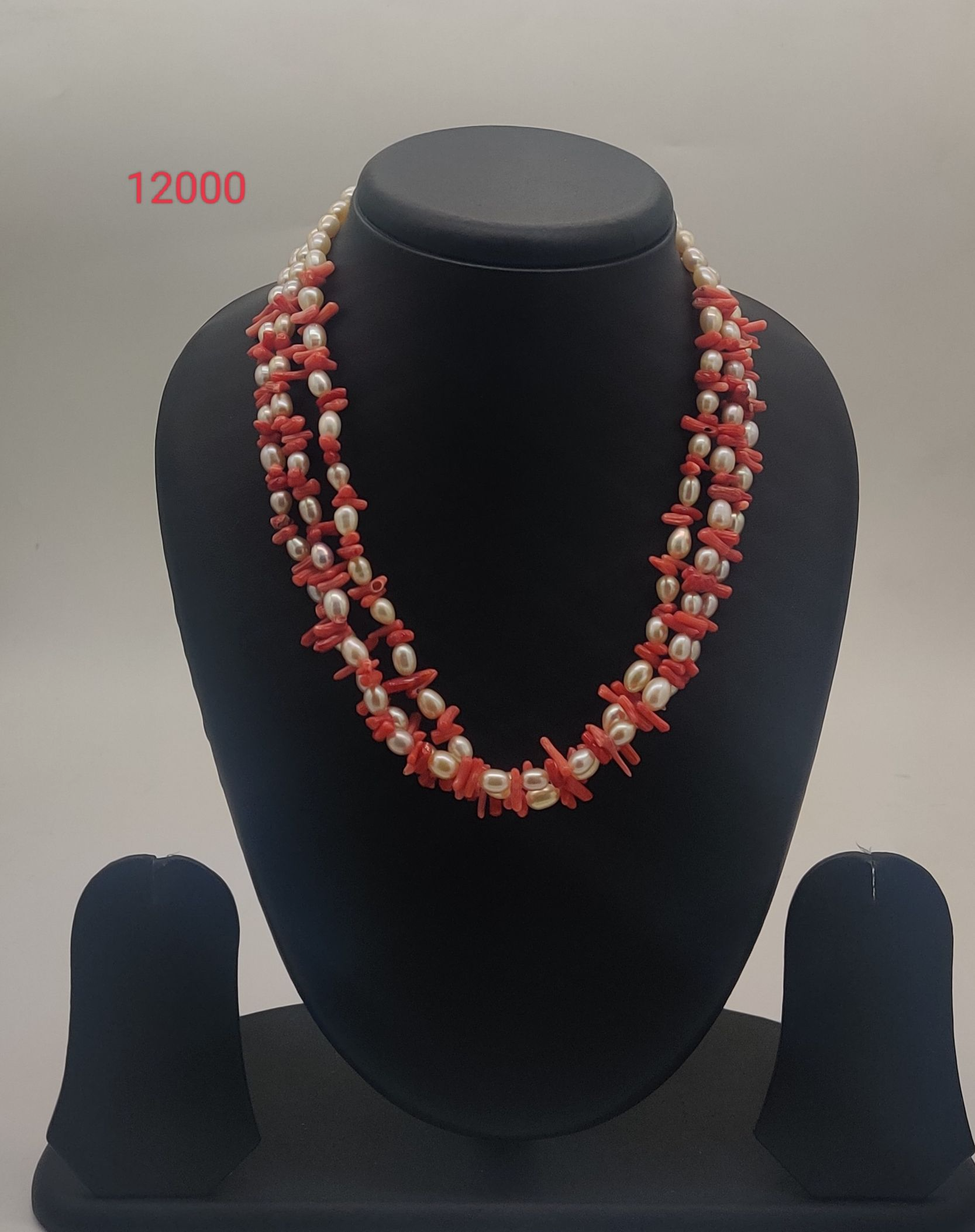 Coral Reef Royale freshwater pearl necklace set with peach oval pearls and red coral branches in layered design