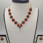 Hand-Carved Coral Rose Necklace Set in Orange with Green Leaves and Central Pearl Drop