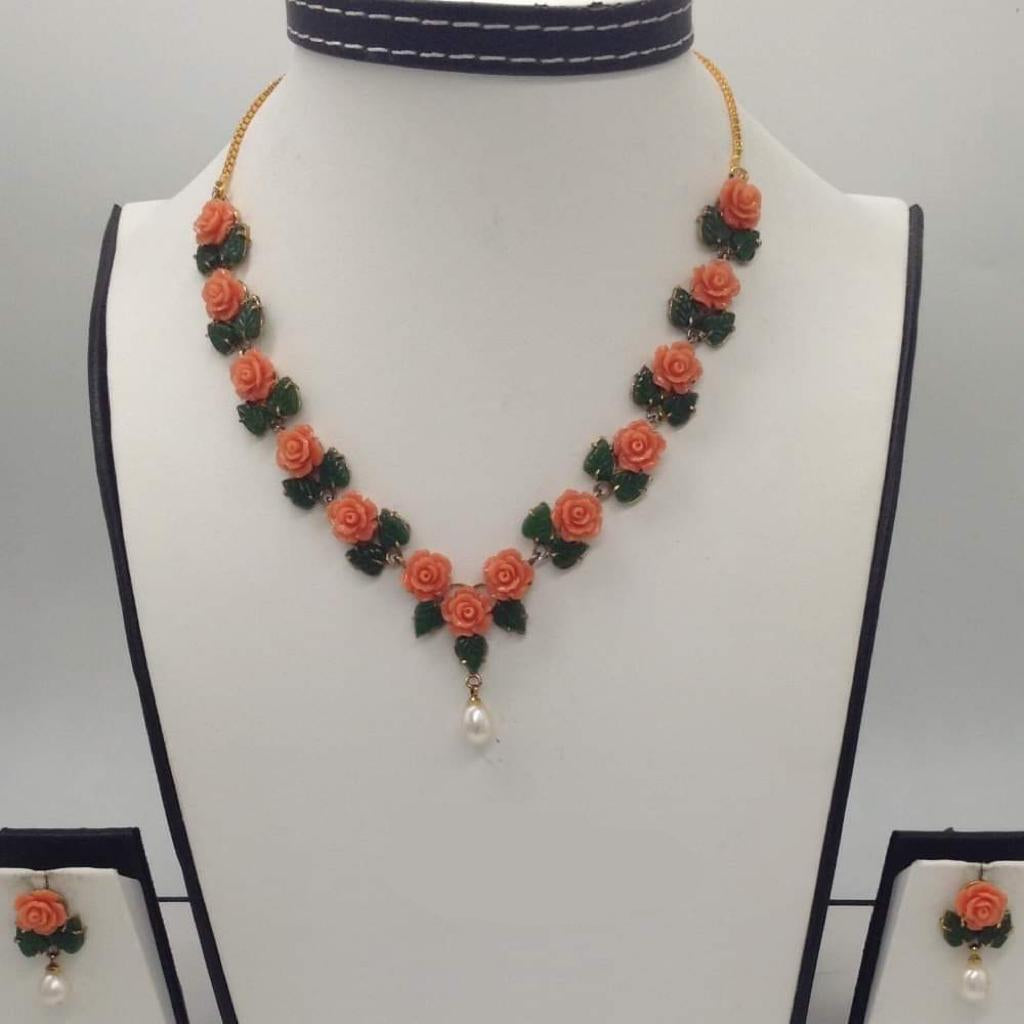 Hand-Carved Coral Rose Necklace Set in Orange with Green Leaves and Central Pearl Drop