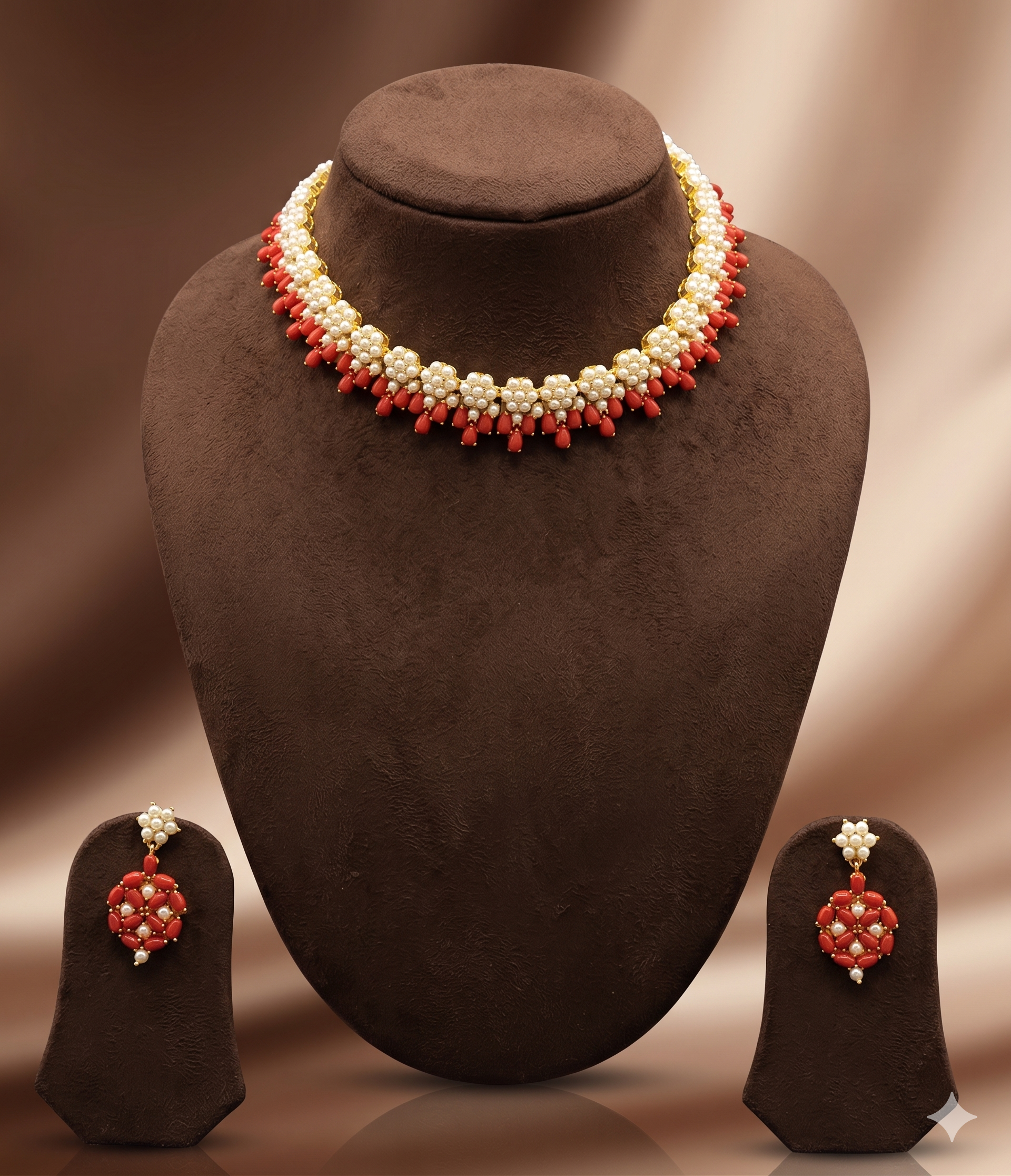 Coral and freshwater pearl choker necklace set for women