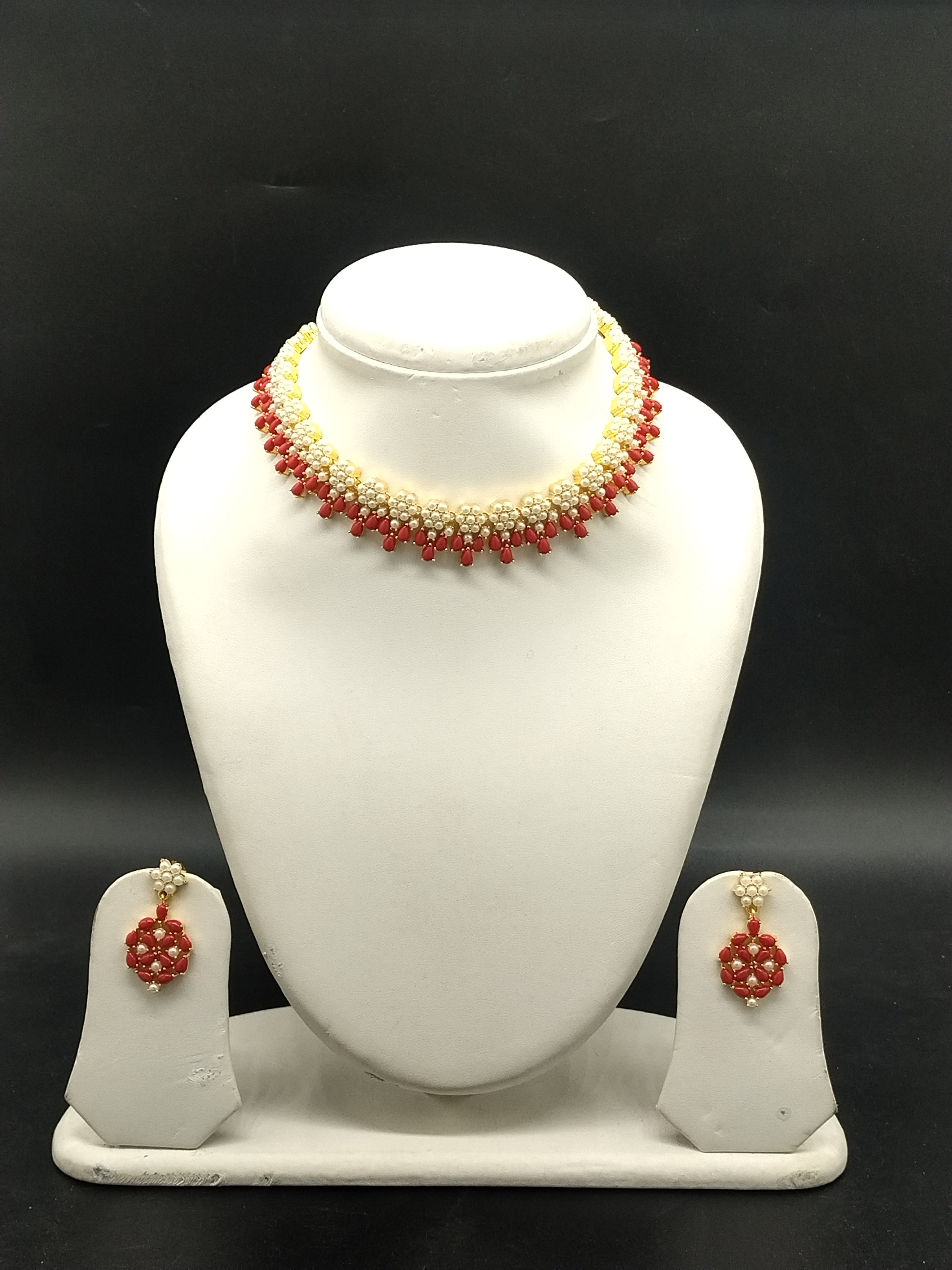 Coral and freshwater pearl choker necklace set for women