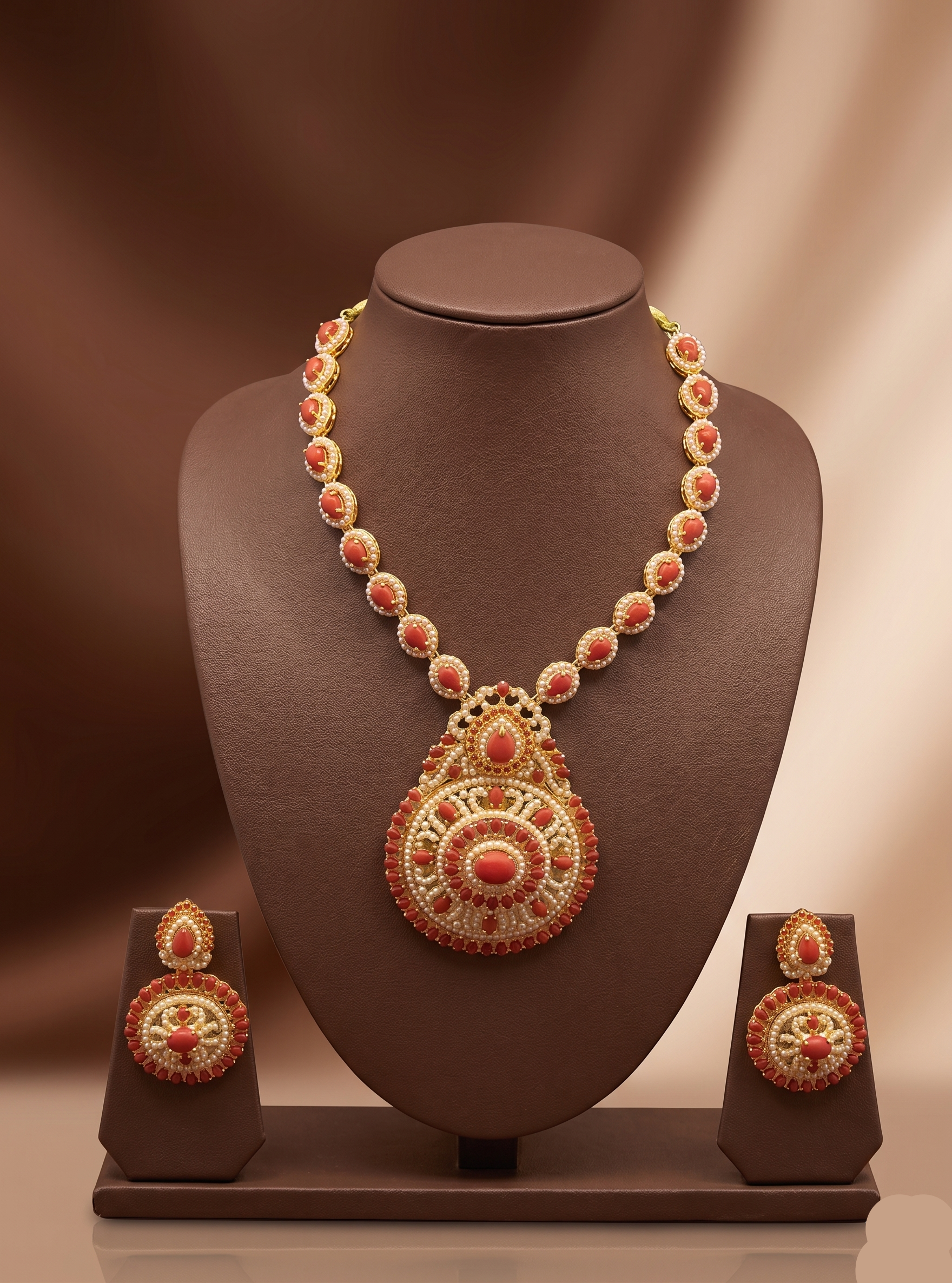 Coral beaded necklace set with ornate circular pendant, red and white stones, and matching earrings.