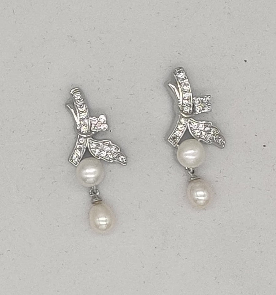 Crystal Bow Faux Pearl Drop Earrings