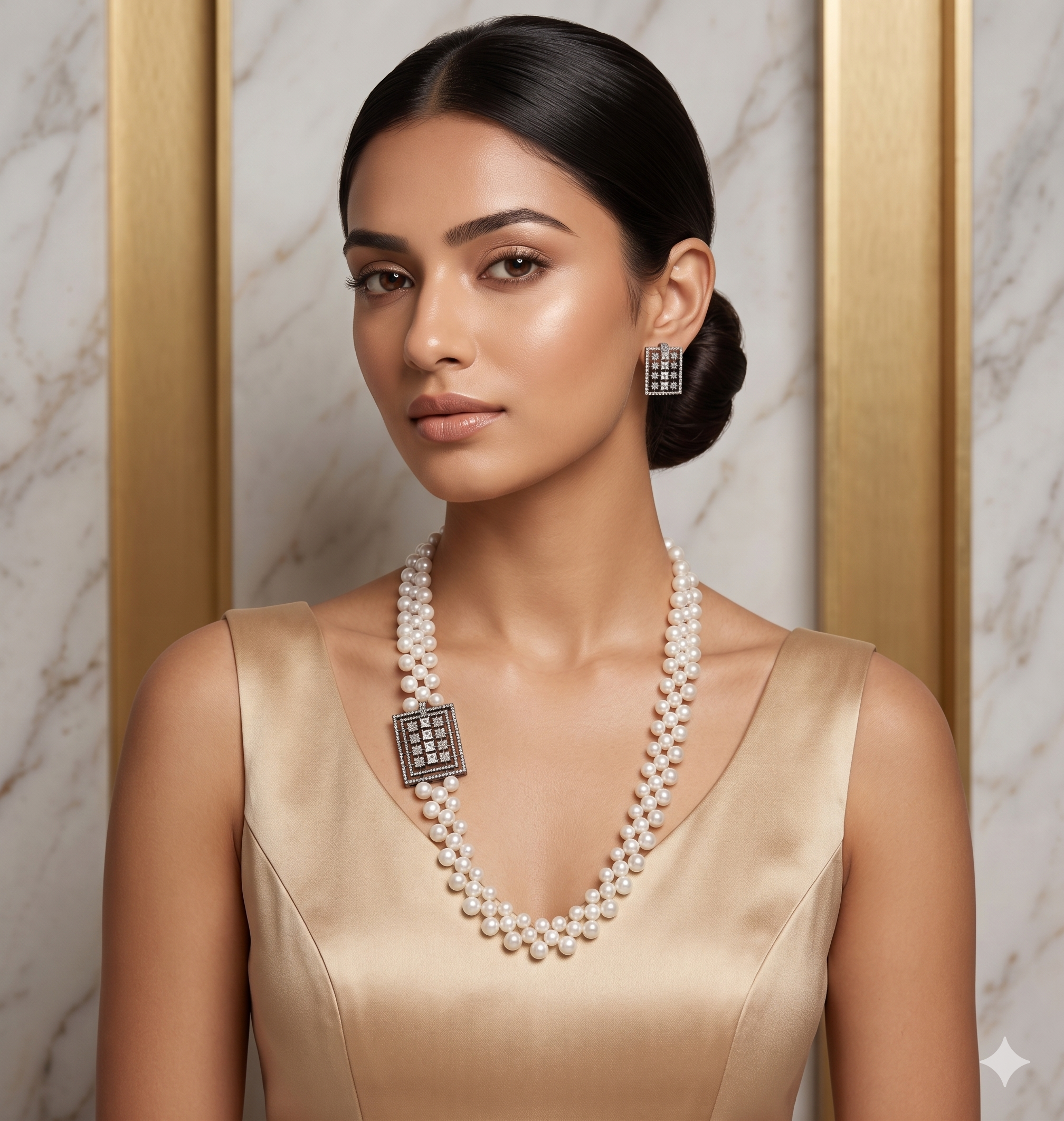Crystal Crest Pearl Broach Set – Structured Square Pendant