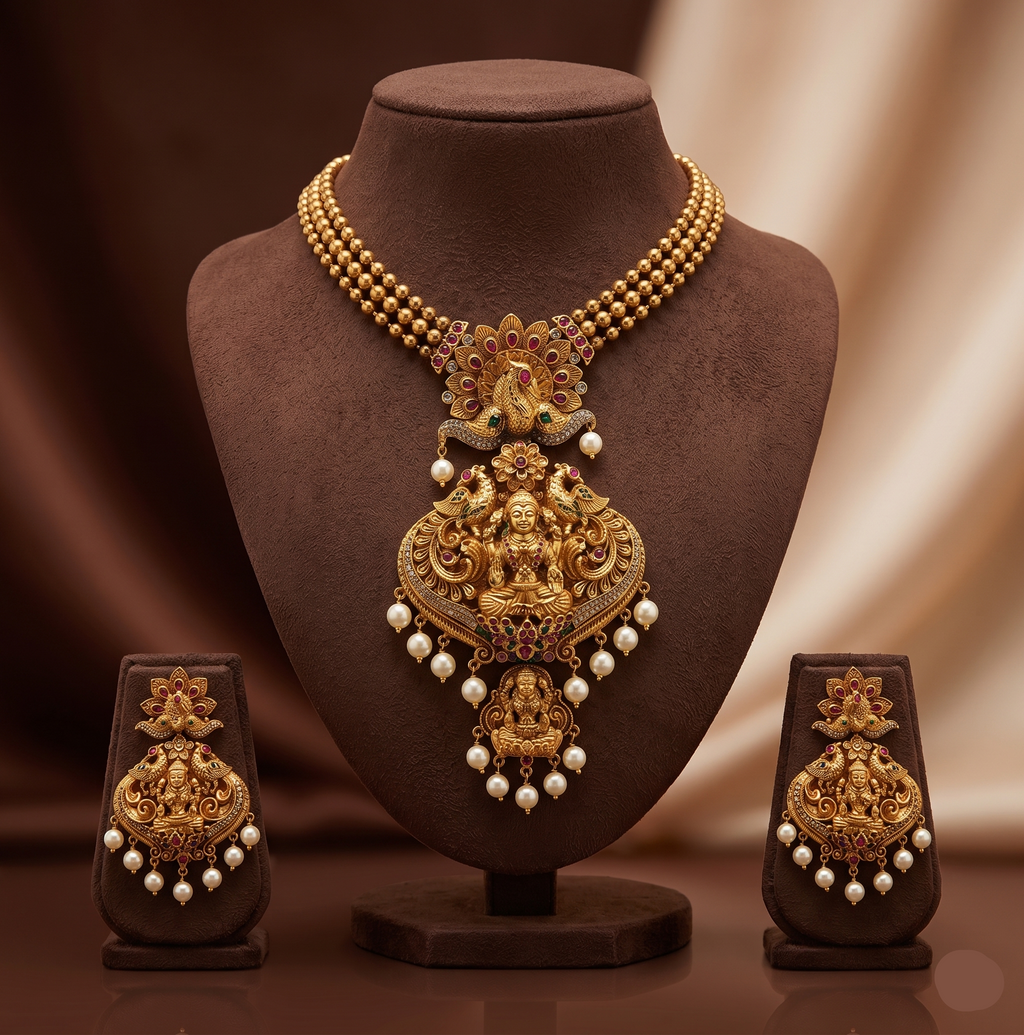 Divine Lakshmi temple necklace set with antique gold finish, peacock motifs, and matching earrings.